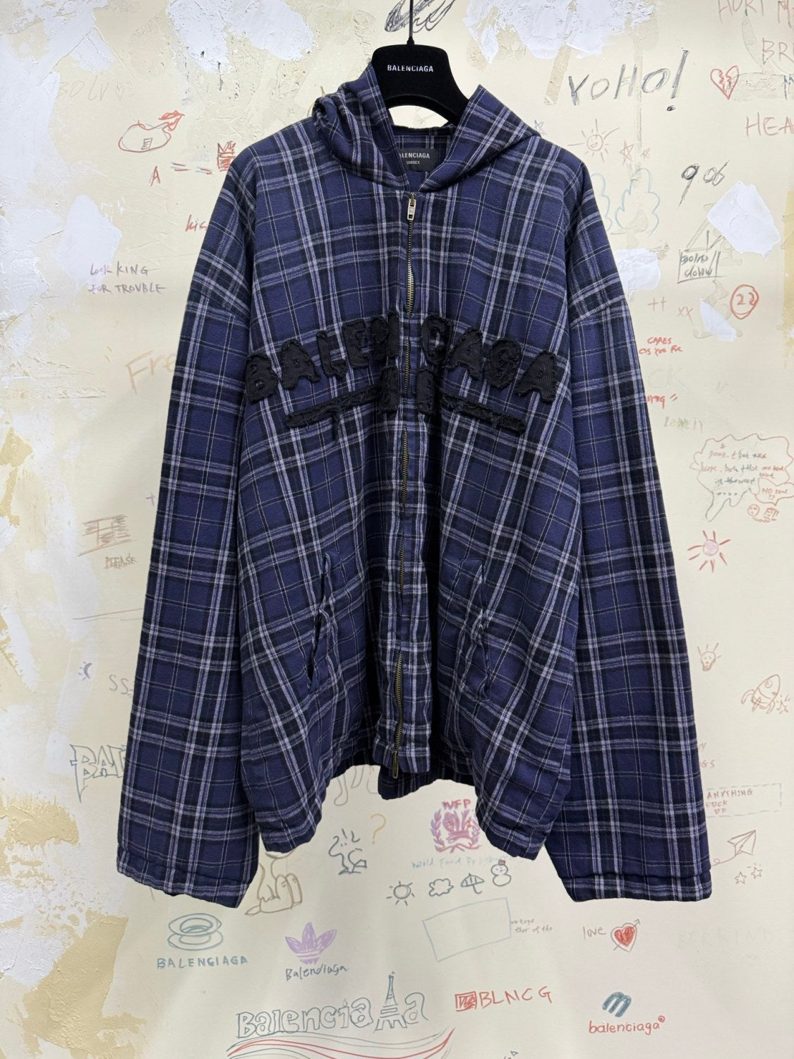 Balenciaga Men's And Women's Spring And Fall Embroidered Letter Print Purple Checkered Hooded Zipper Long Sleeve Jacket Pants Suit Set #76546