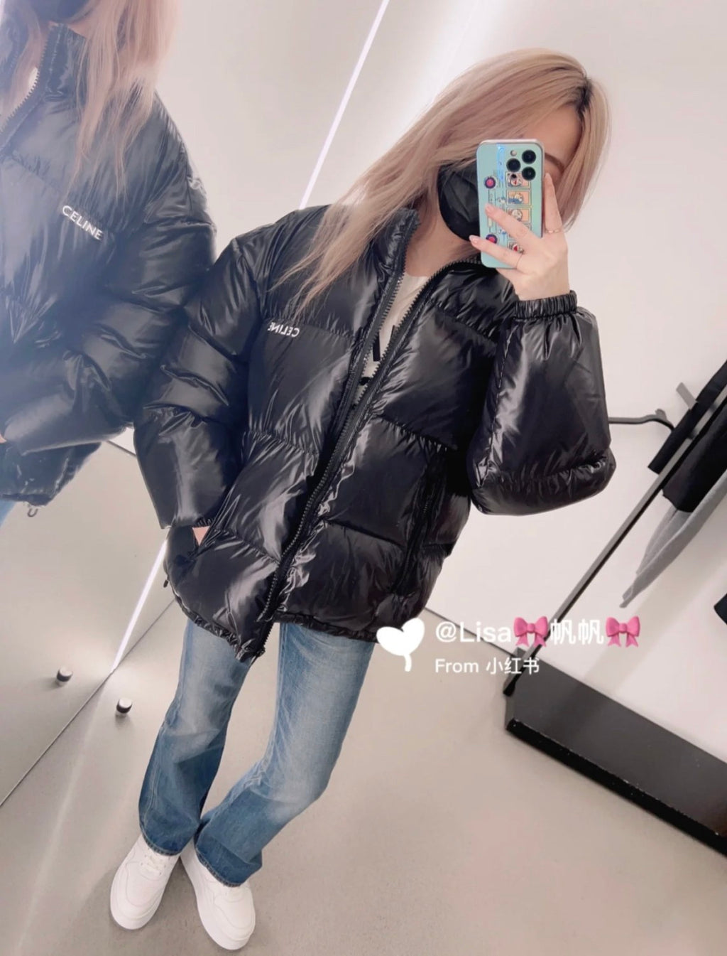 Celine Men's Women's Autumn And Winter Printed Lightweight Nylon Down Jacket Fashion Loose Casual Black Trend 90 White Goose Down Down Jacket #81646