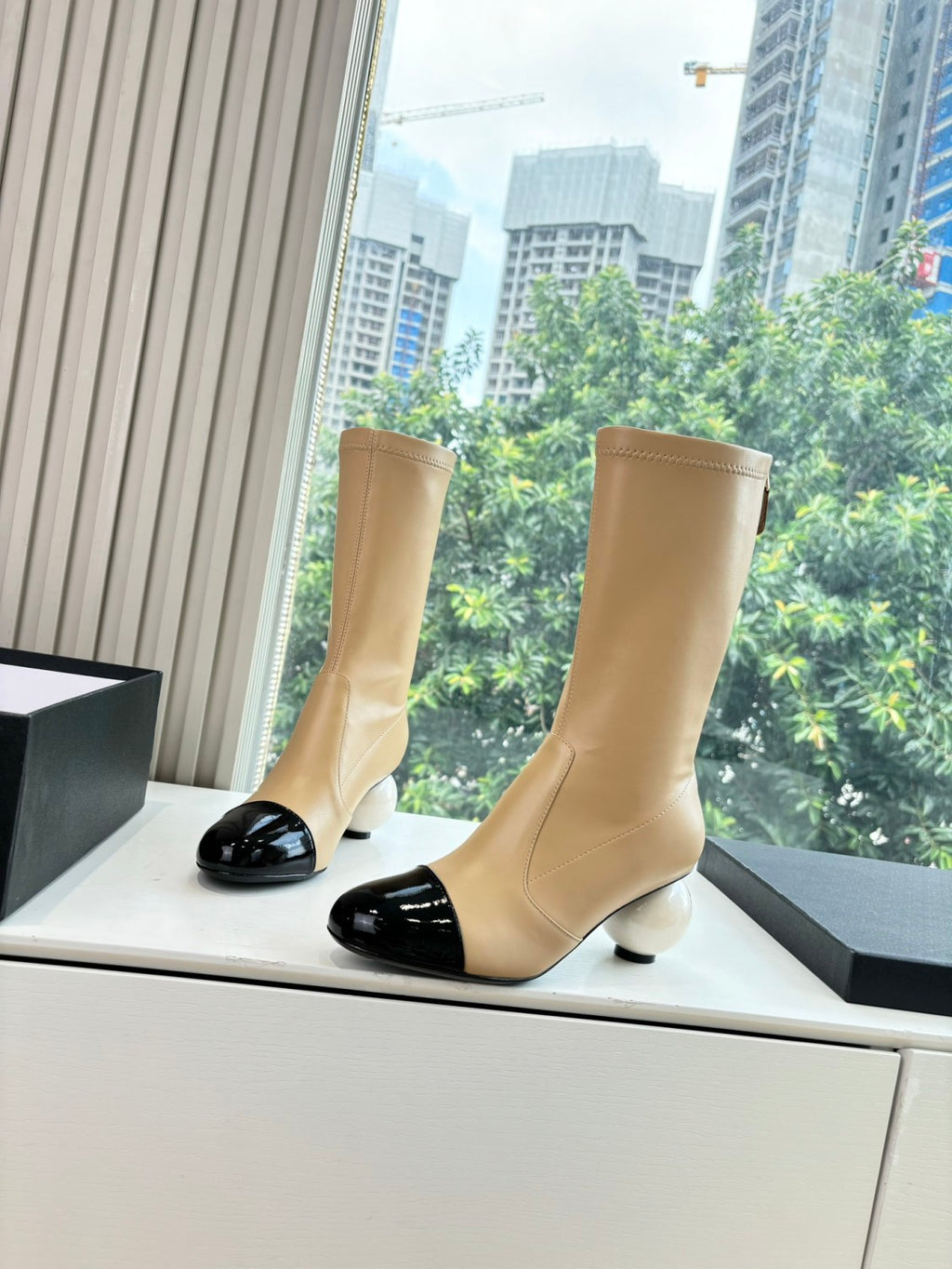 Chanel Women's Fall/winter Fashion Classic Round Toe Sheepskin Double C Oversized Pearl Heel Stretch Mid Calf Boots Long Boots Shoes #78546