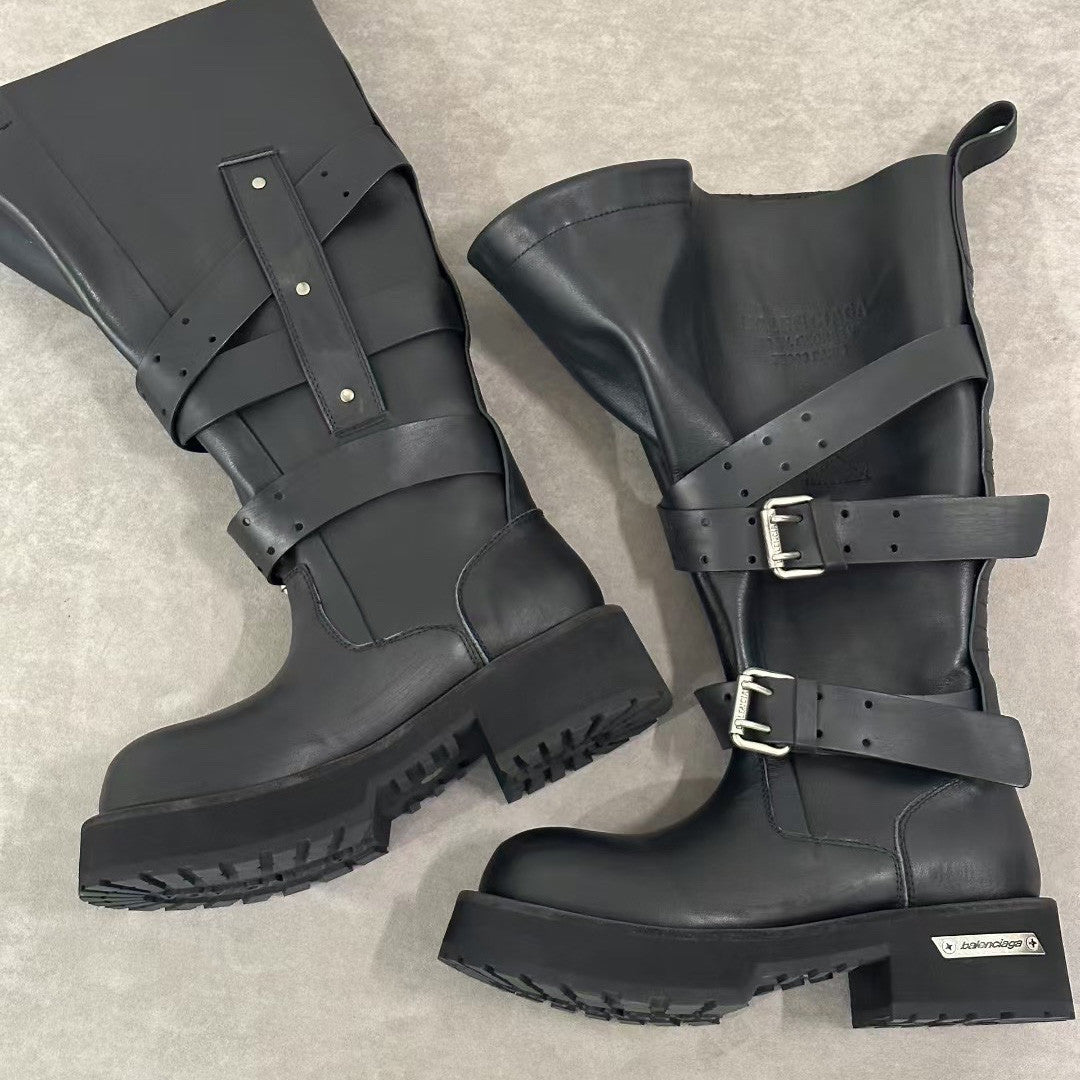 Balenciaga Venom Men's And Women's Solid Color Autumn/winter Round Toe Buckle Cowhide Leather High Top Boots Shoes #78113