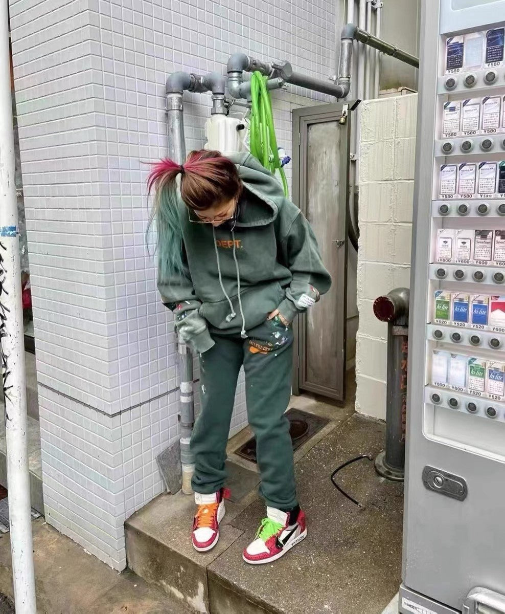 Gallery Dept. Men's Spring And Autumn Graffiti Letters Printing Solid Color Do Old Hooded Sweatshirt Casual Ink Splash Elastic Waist Drawstring Pants Ngvp #9291