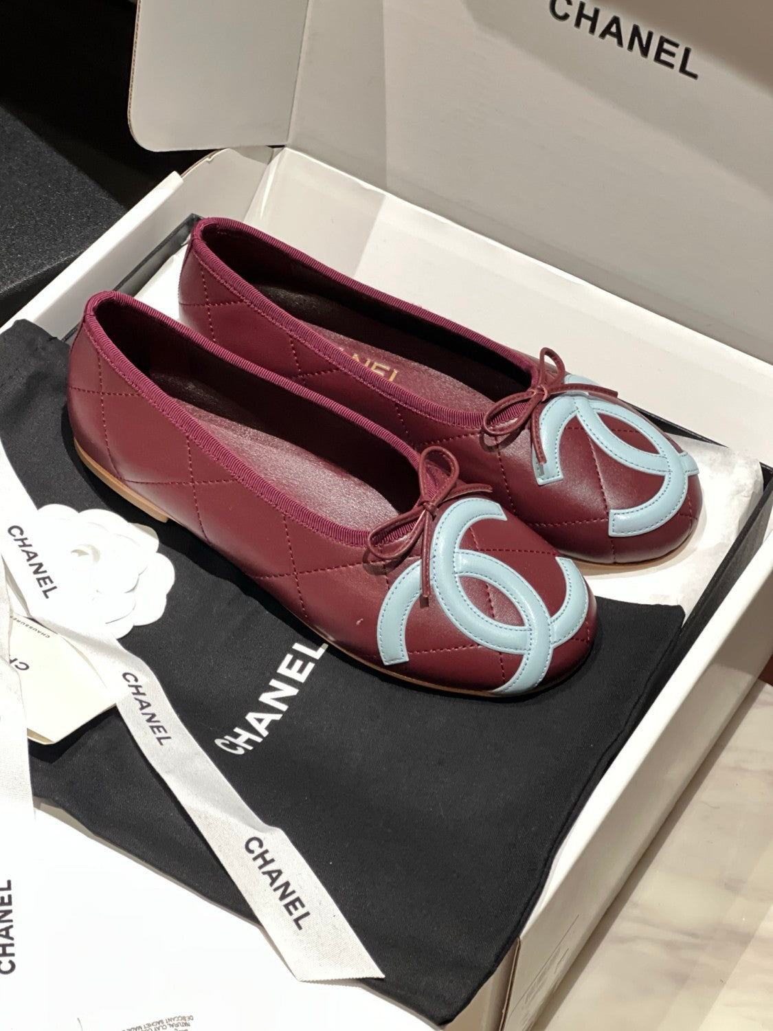 CHANEL Ballet Flats Lambskin Burgundy Light Blue #386254