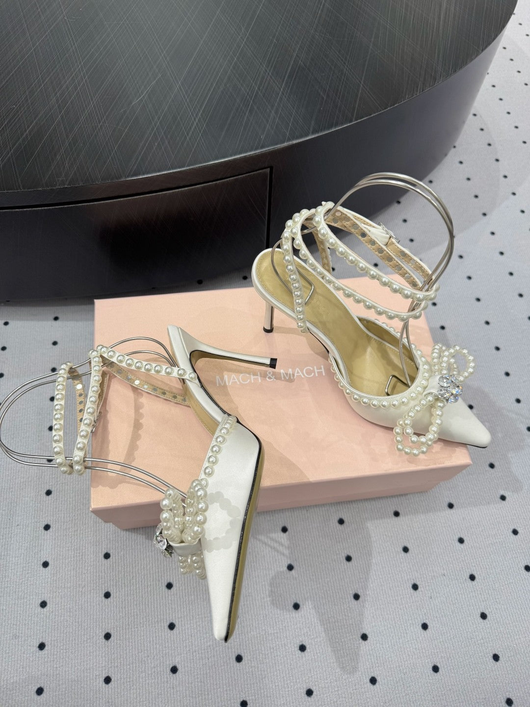 Mach & Mach Women's Spring. Summer And Autumn Pointed Toe Pearl Decorated Solid Color High Heels Fine Heeled 9cm Casual Sandals Shoes #77674