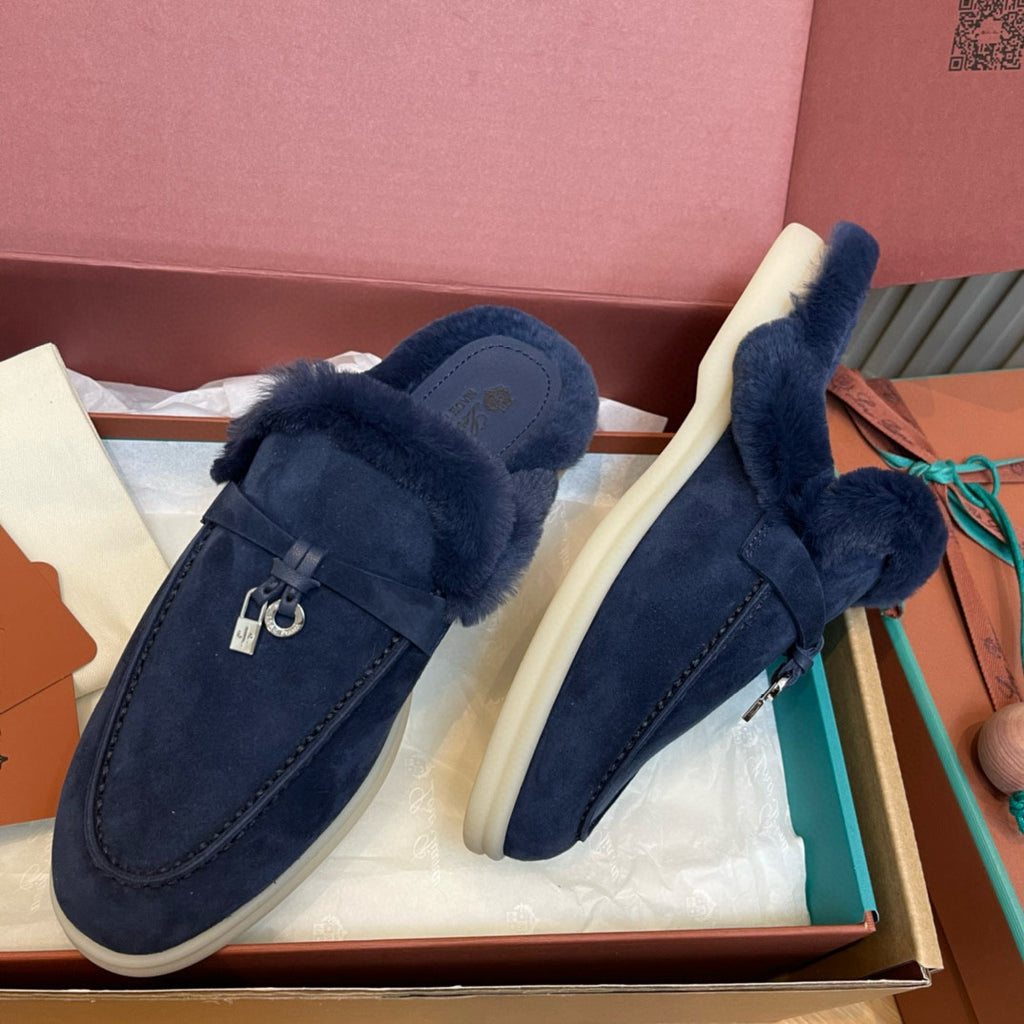 Loro Piana Women's Winter Fashion Casual Round Toe Slip On Beaver Fur Slippers Leather Rubber Sole Covered Toe Slippers  Shoes #78588