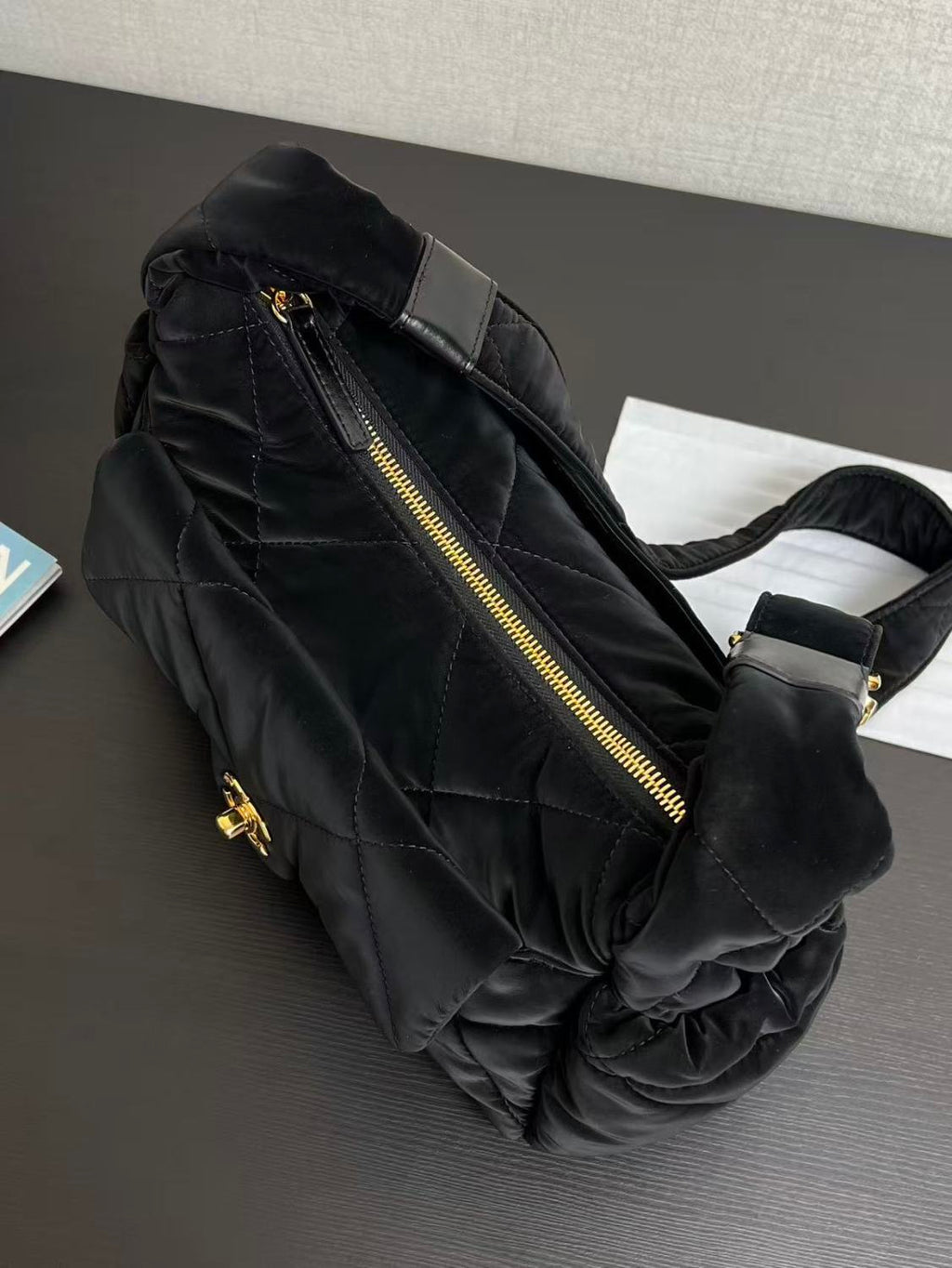 Chanel Large Bowling Bag With Velvet Effect Nylon And Gold Metal Logo Women's And Men's Fashionable Fall/winter Black Crossbody Bags #81986A