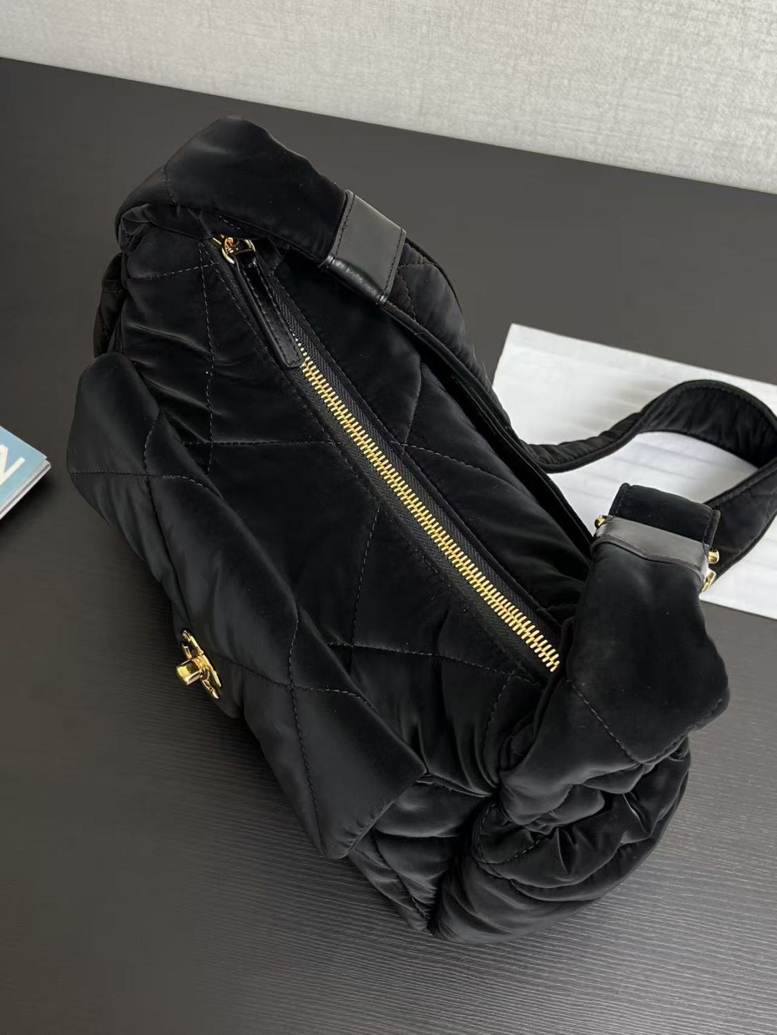 Chanel Large Bowling Bag With Velvet Effect Nylon And Gold Metal Logo Women's And Men's Fashionable Fall/winter Black Crossbody Bags #81986A