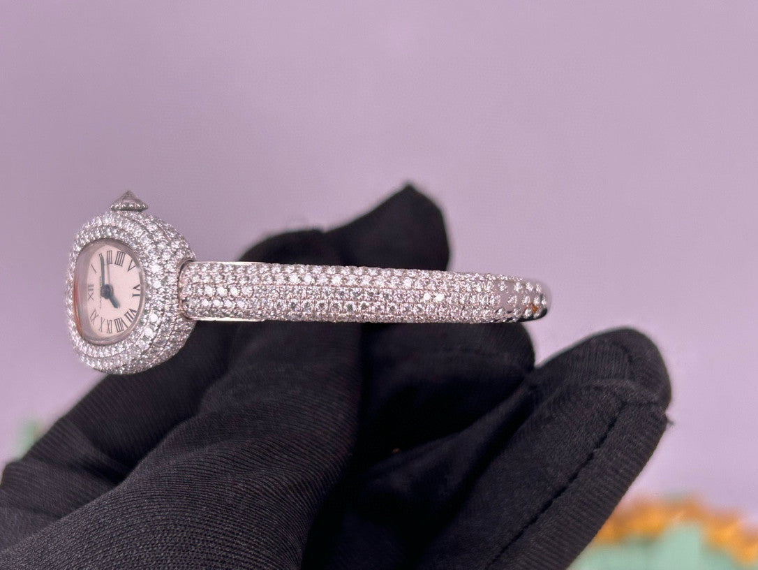 Cartier Women's Baignoire Watch Bathtub Collection Quartz Movement Steel Case Full Diamonds Bracelet Watch #81279