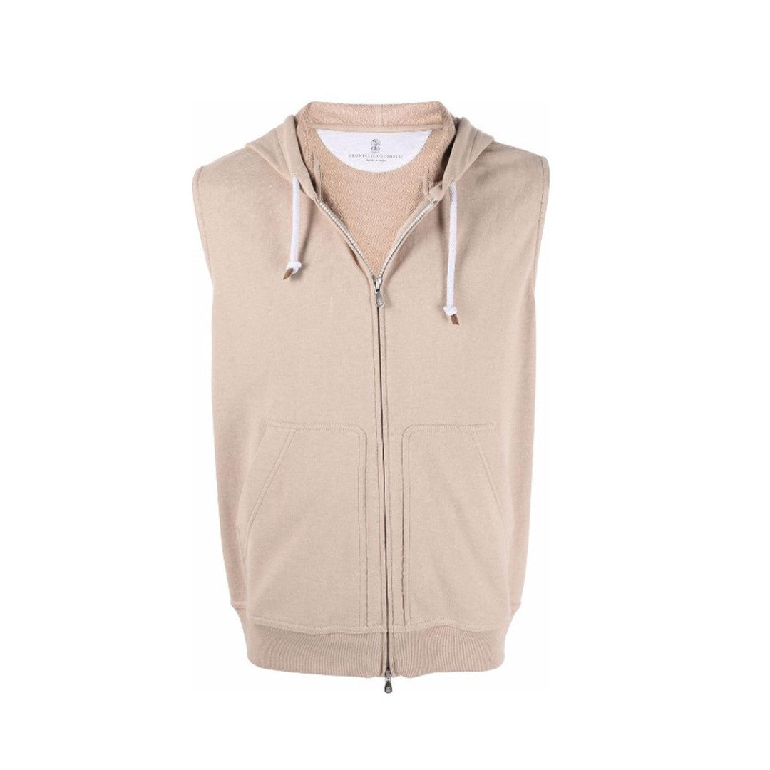 Brunello Cucinelli Men's Spring And Autumn Solid Color Zipper Drawstring Cotton Hooded Vest Casual Tie Shorts Ngvp #9218
