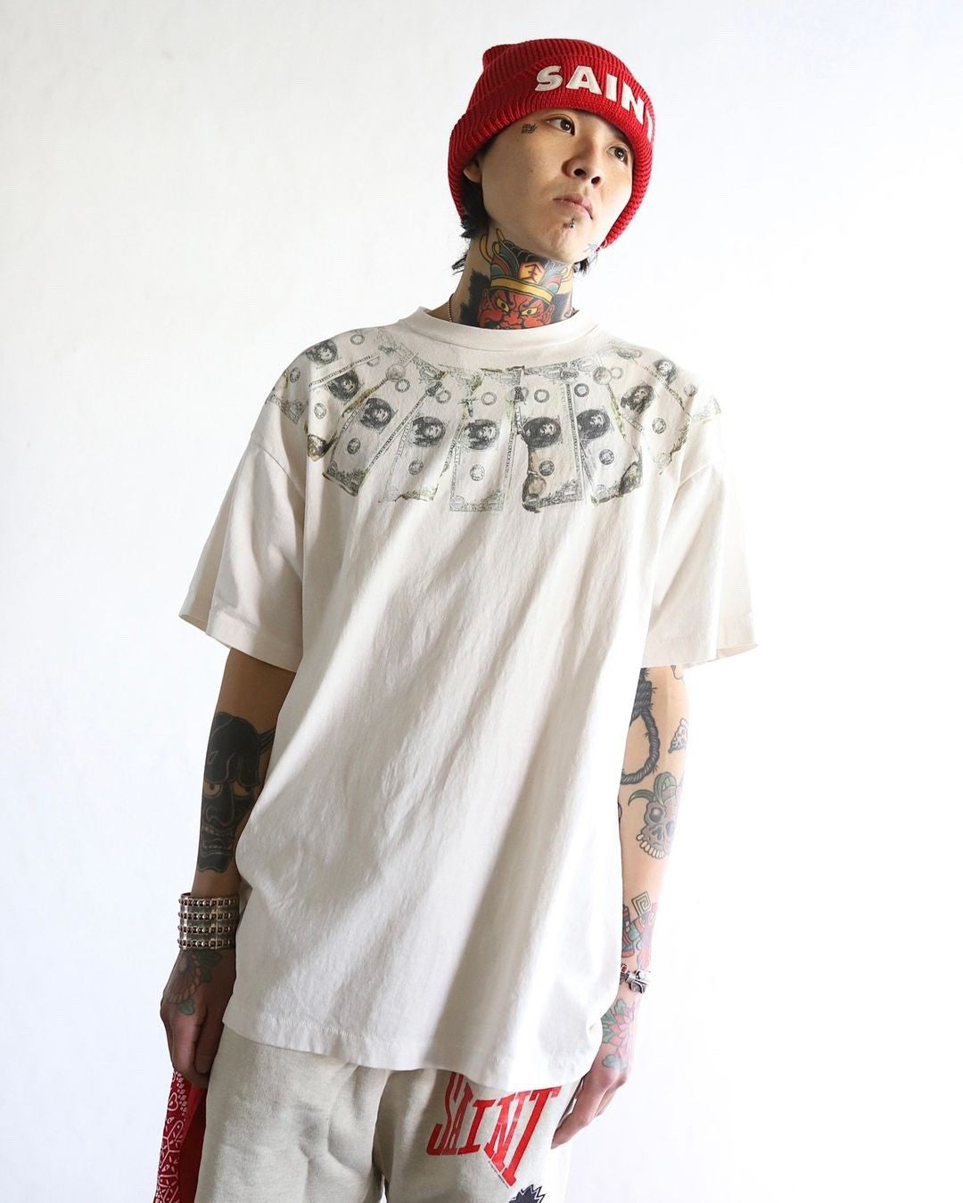 Saint Michael Men's Summer Printed Half High Neck Pullover Straight Short Sleeve Drop Sleeve T-Shirt Ngvp #8367