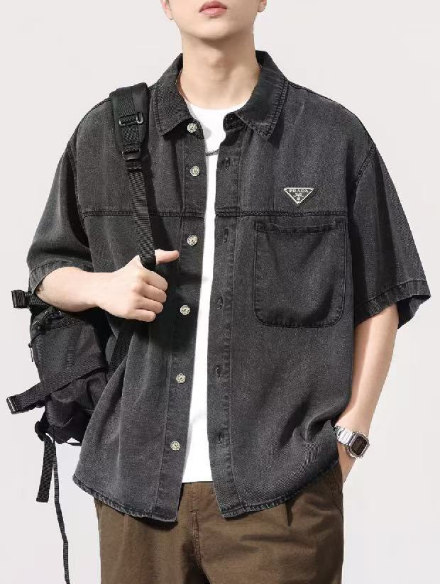 Prada Men's Early Autumn Men's Women's Lycra Denim Shirt. Triangle Logo Vintage Gray Short Sleeve Lapel Shirt Polo T-shirt  #81617