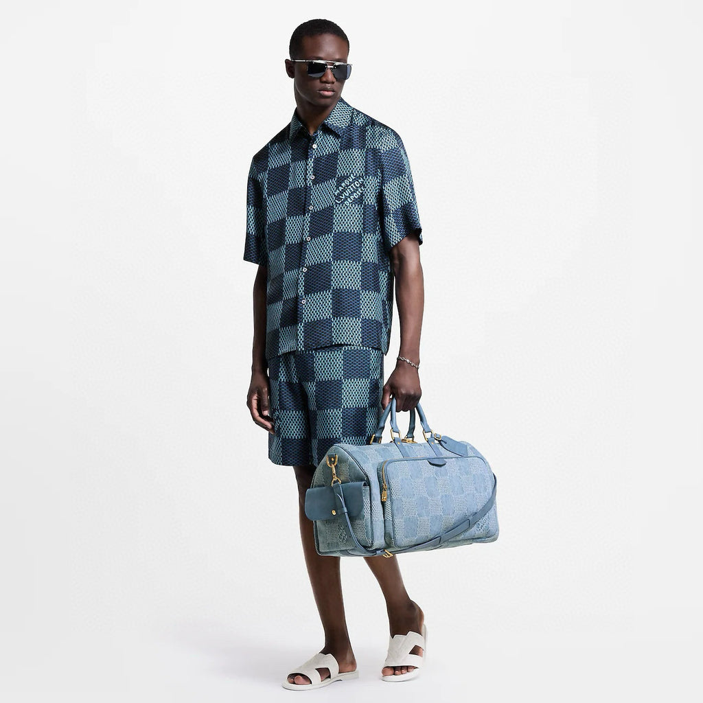Louis Vuitton Men's Summer Solid Color Checkered Print Single-Breasted Short-Sleeved Shirt and Casual Shorts Set Suit #77177