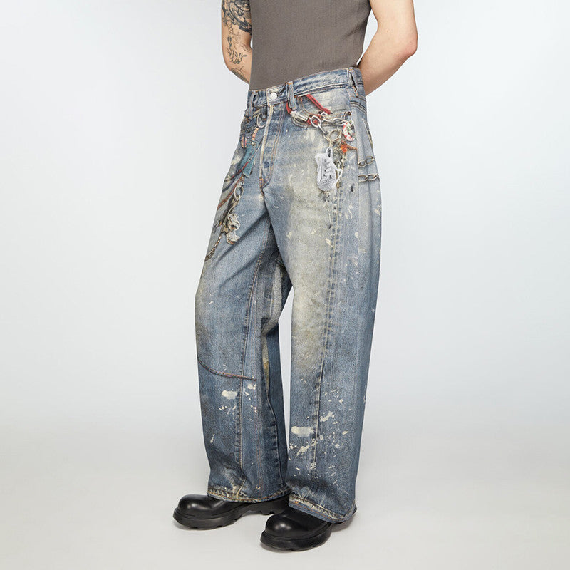 Acne Studios Men's And Women's 3DPrinted Pattern Loose Low Waisted Casual Wide Leg Solid Color Denim Pants Ngvp #8513