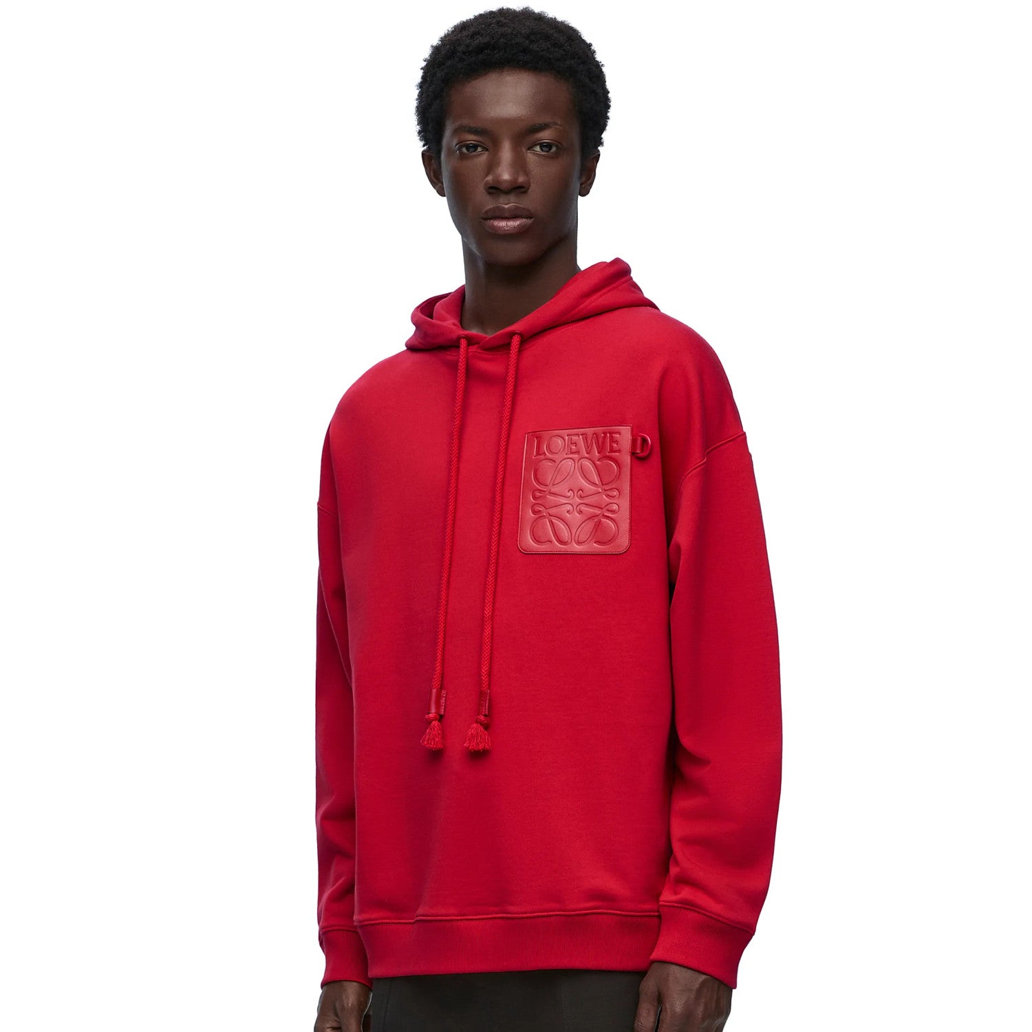 Loewe Men's Spring and Fall Red Logo Leather Label Drawstring Hooded Sweatshirt Pullover #98218