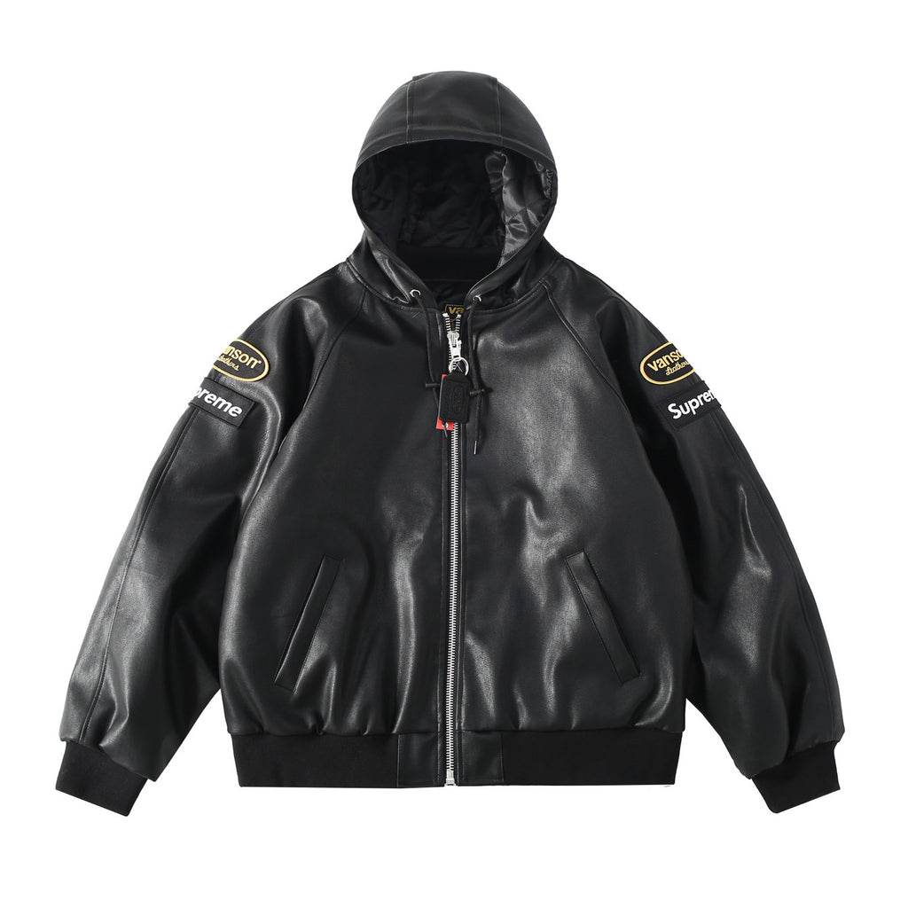 Supreme x Vanson Leathers Men's and Women's Spring and Fall Sleeve Logo Embroidered Patch Zipper Closure Hooded Leather Jacket #75186