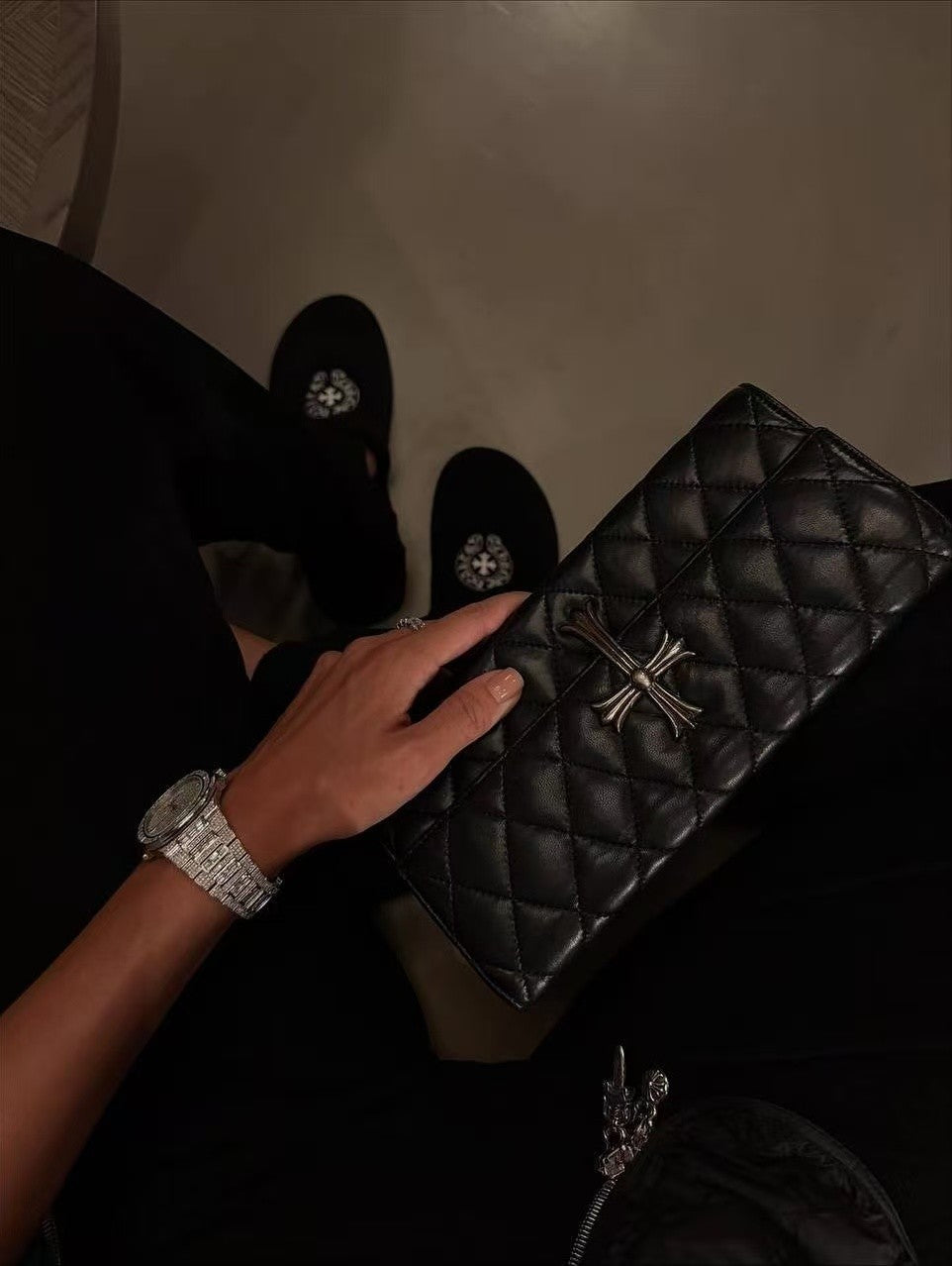 Chrome Hearts Diamond-patterned Black Crossbody Clutch Evening Bag Retro High-street Fashion Wallet Bags #195951