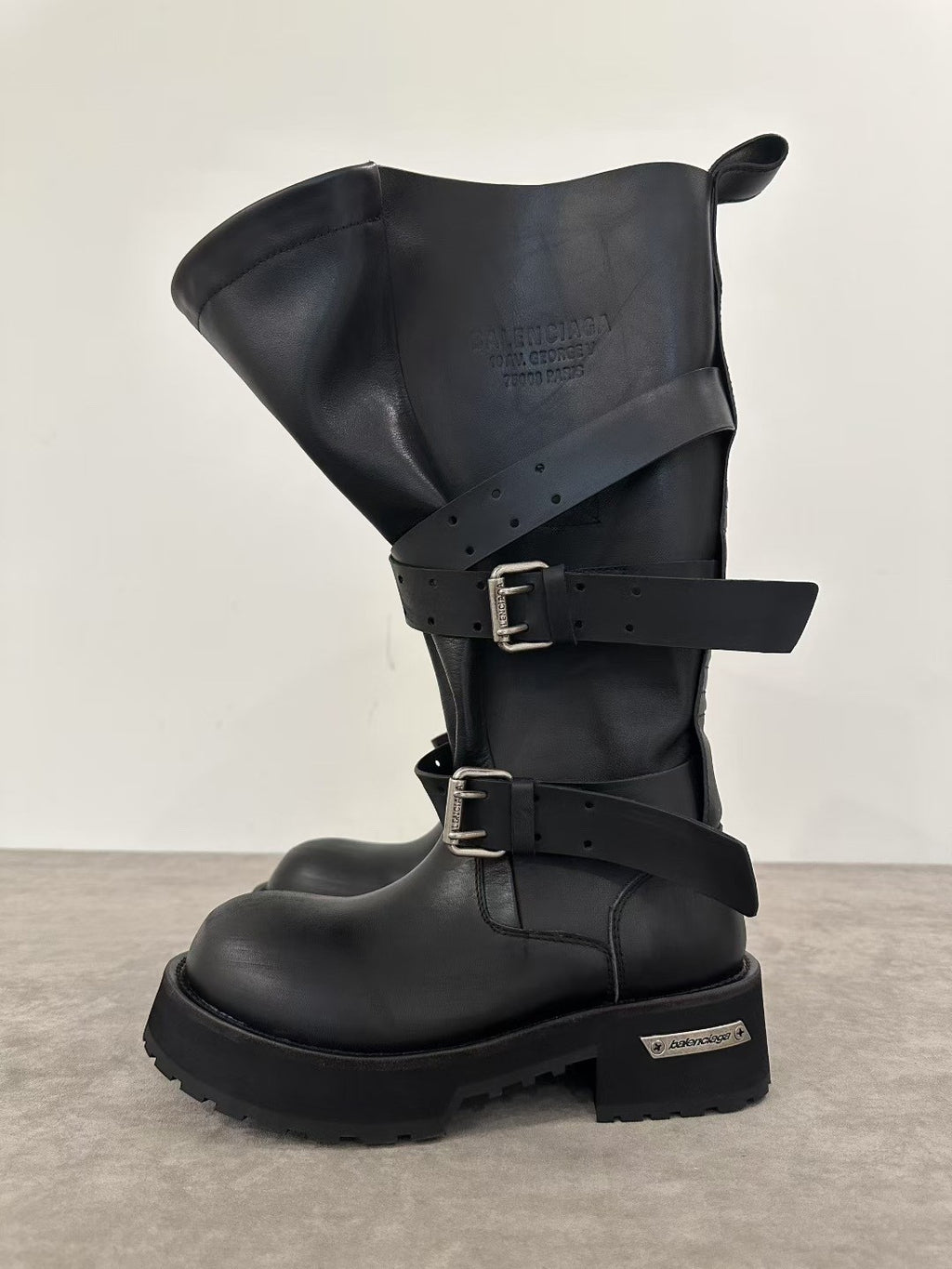 Balenciaga Venom Men's And Women's Solid Color Autumn/winter Round Toe Buckle Cowhide Leather High Top Boots Shoes #78113