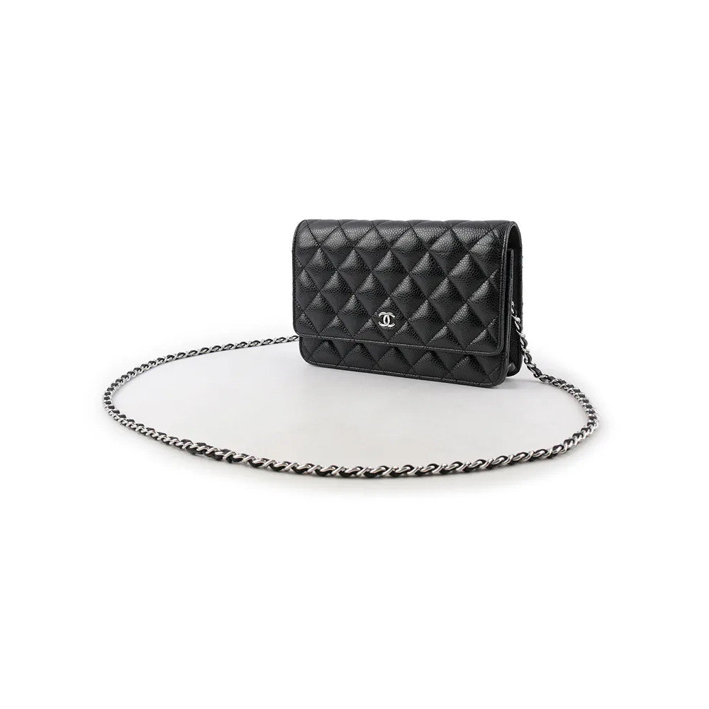 CHANEL Classic CC Logo Silver Buckle Lychee Leather Black #332724