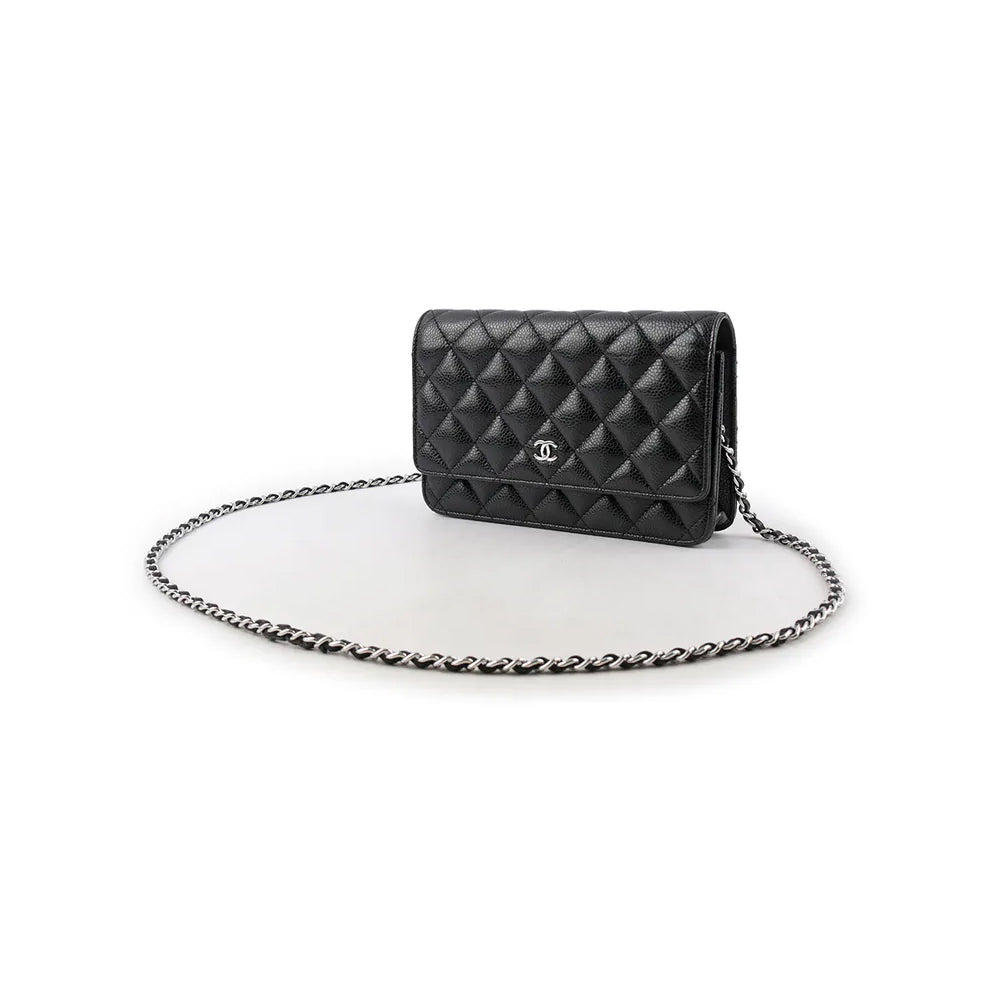 CHANEL Classic CC Logo Silver Buckle Lychee Leather Black #332724
