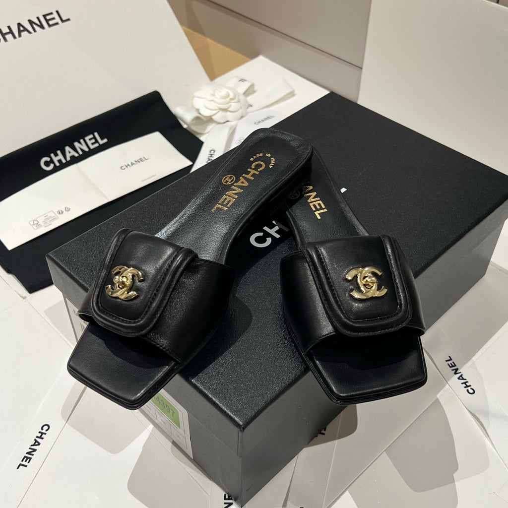 Chanel Gold Lock Square Toe Slippers #379298