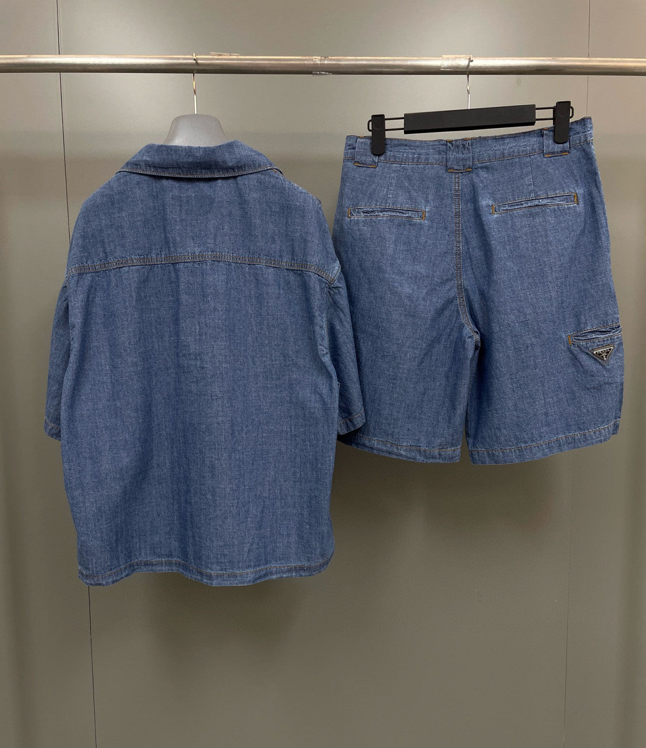 Prada Men's Summer Blue Lapel Single Breasted Short Sleeve Denim Shirt Jacket Shorts Set Suit #98554