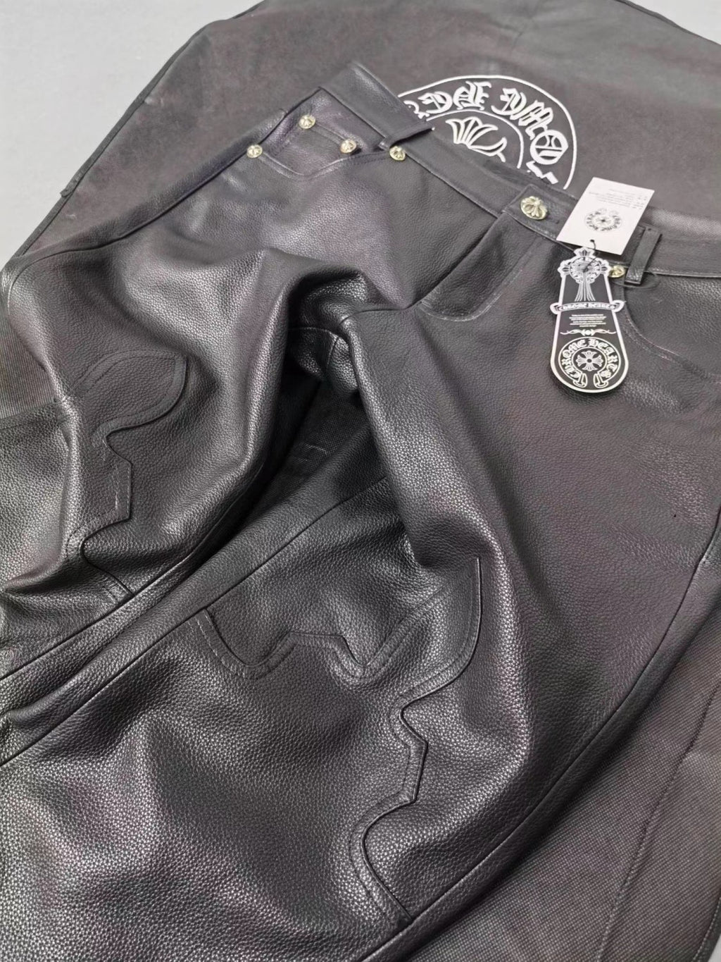 Chrome Hearts Mens Black Leather Slim Fit Trousers Pants #96922