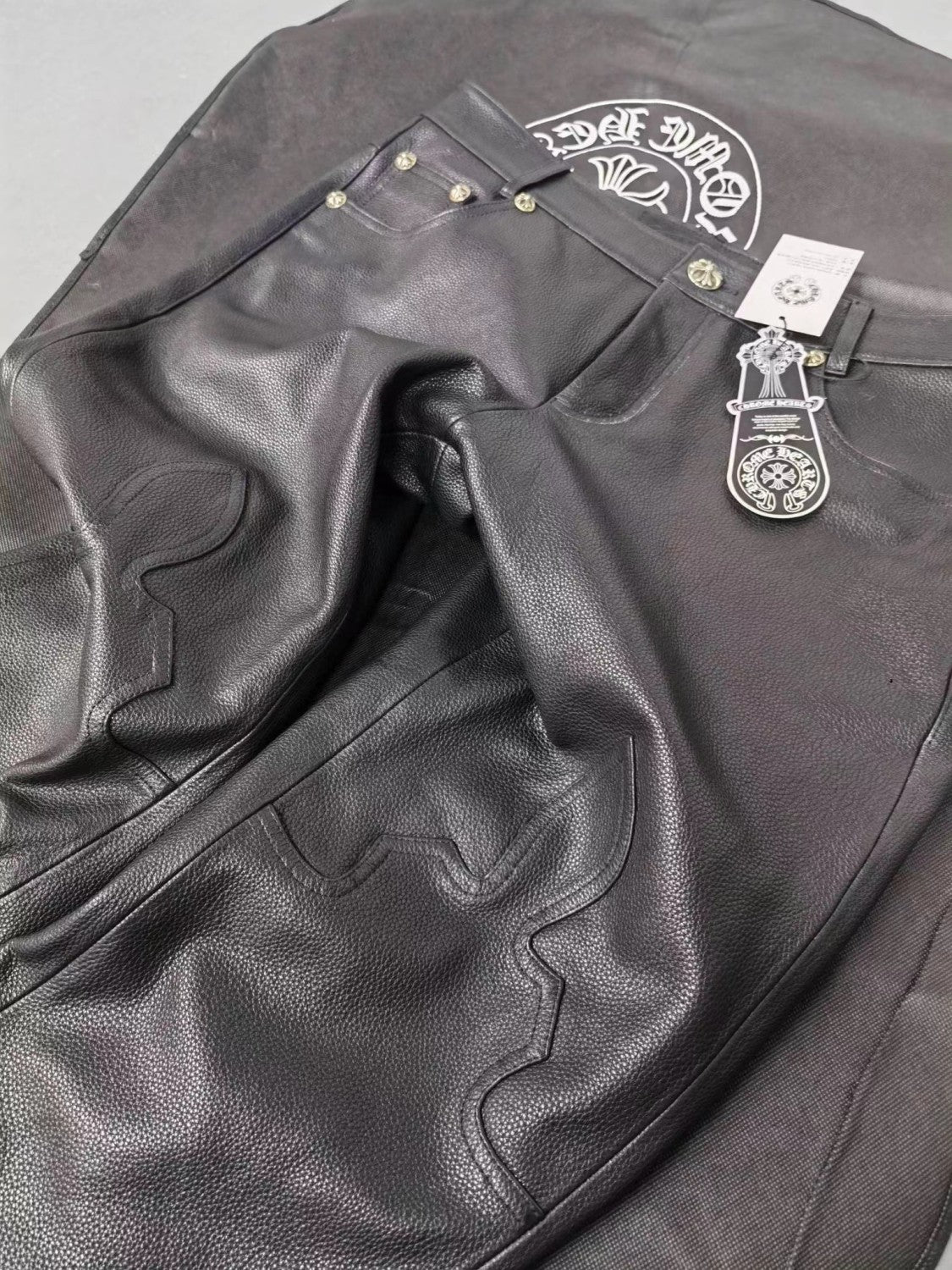 Chrome Hearts Mens Black Leather Slim Fit Trousers Pants #96922