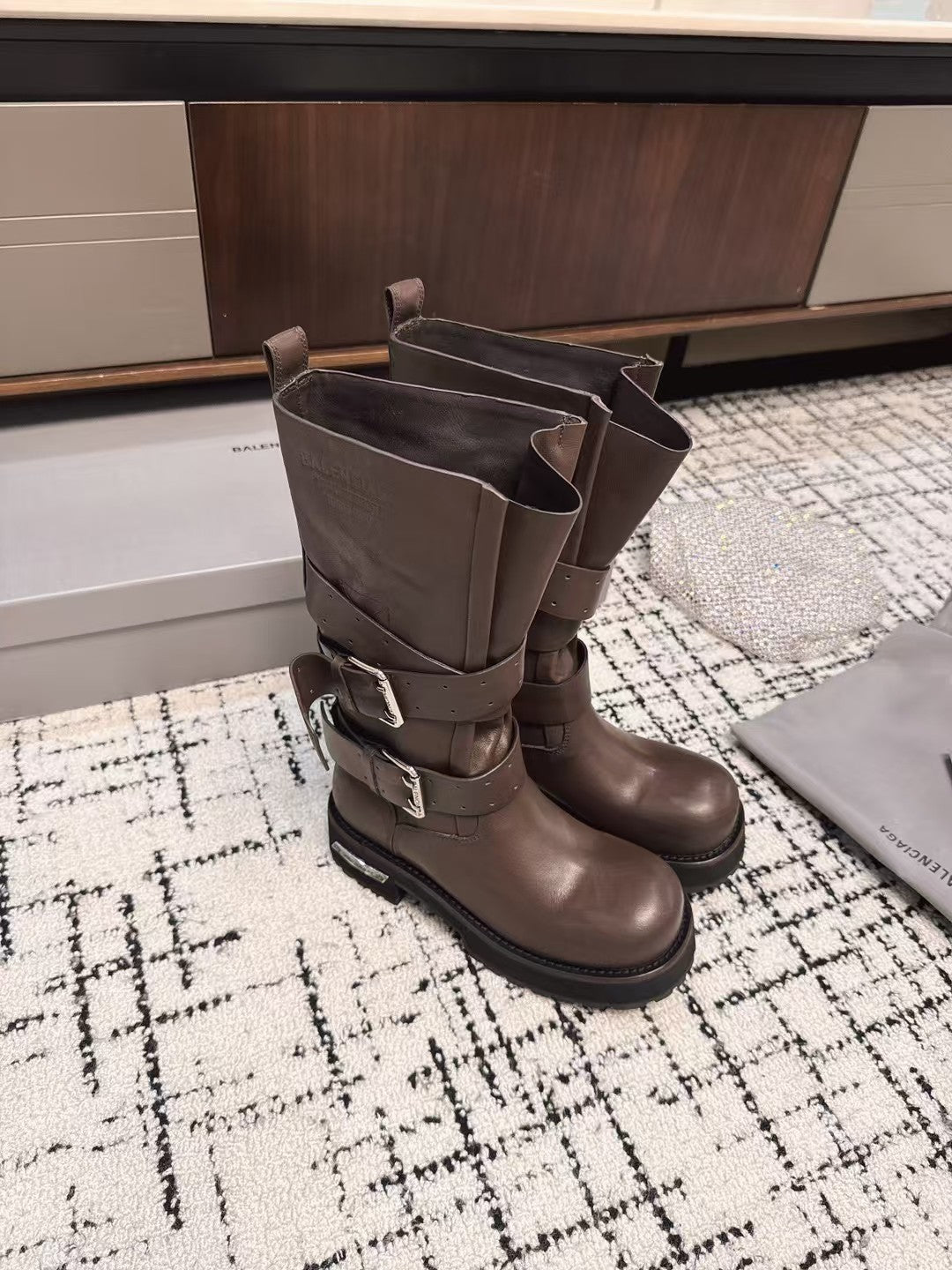 Balenciaga Women's Four Seasons Solid Color Grained Cowhide Tall Martin Boots Shoes #76425