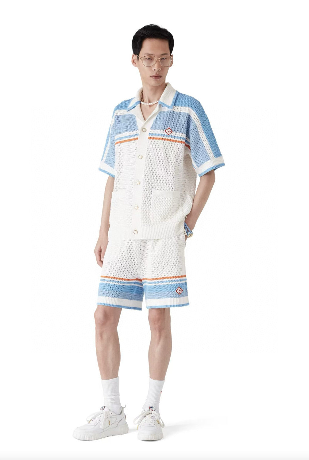 Casablanca Men's Summer Striped Printed Crochet Knit Single Breasted Short Sleeved Shirt And Casual Drawstring Shorts Set Suit #77391