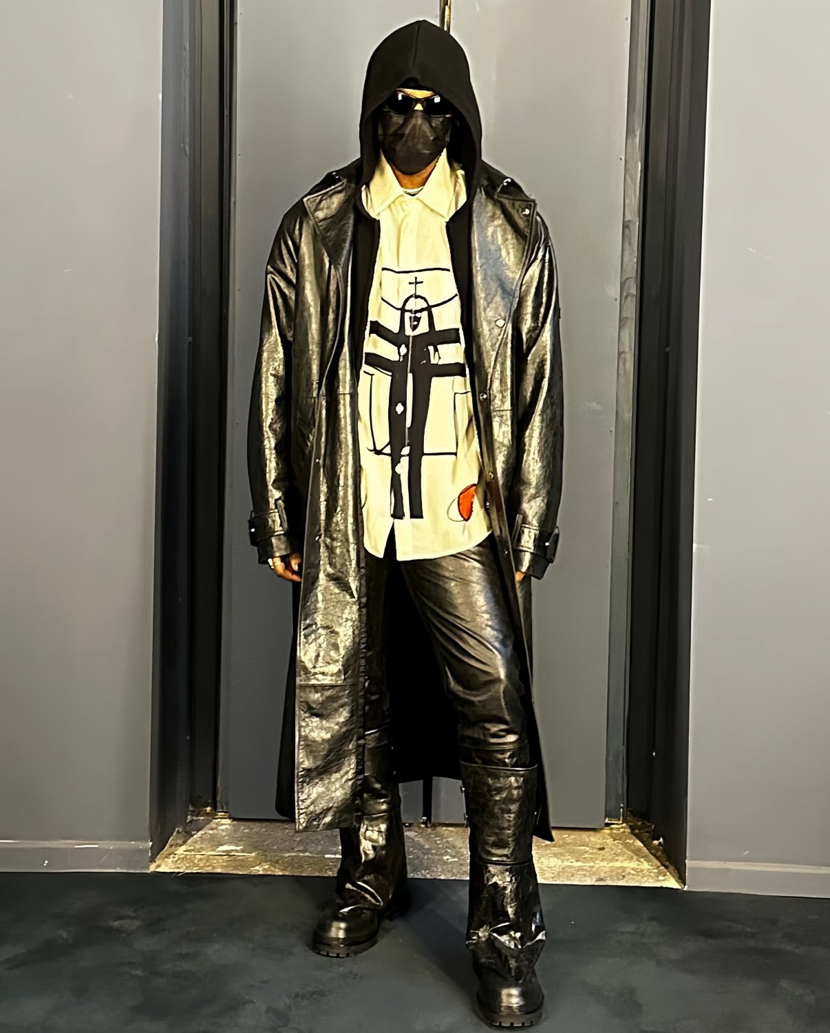 424 Men's Autumn and Winter Leather Belted Single Breasted Pants Long Sleeve Coat Jacket #99317