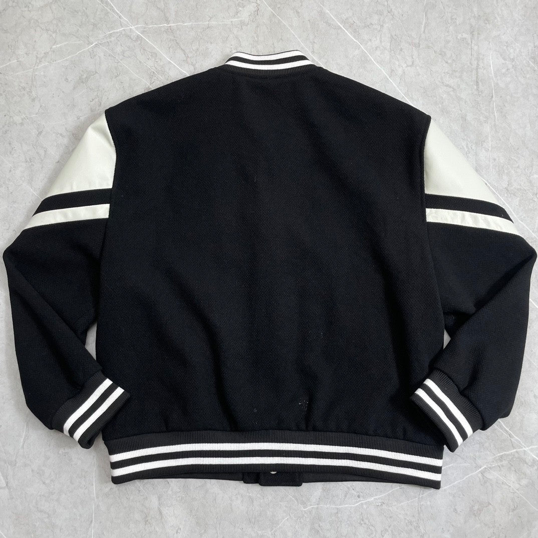 Celine Men's Spring And Autumn Jackson Textured Wool Baseball Patchwork Leather Single Breasted Long Sleeve Jacket Ngvp #1249
