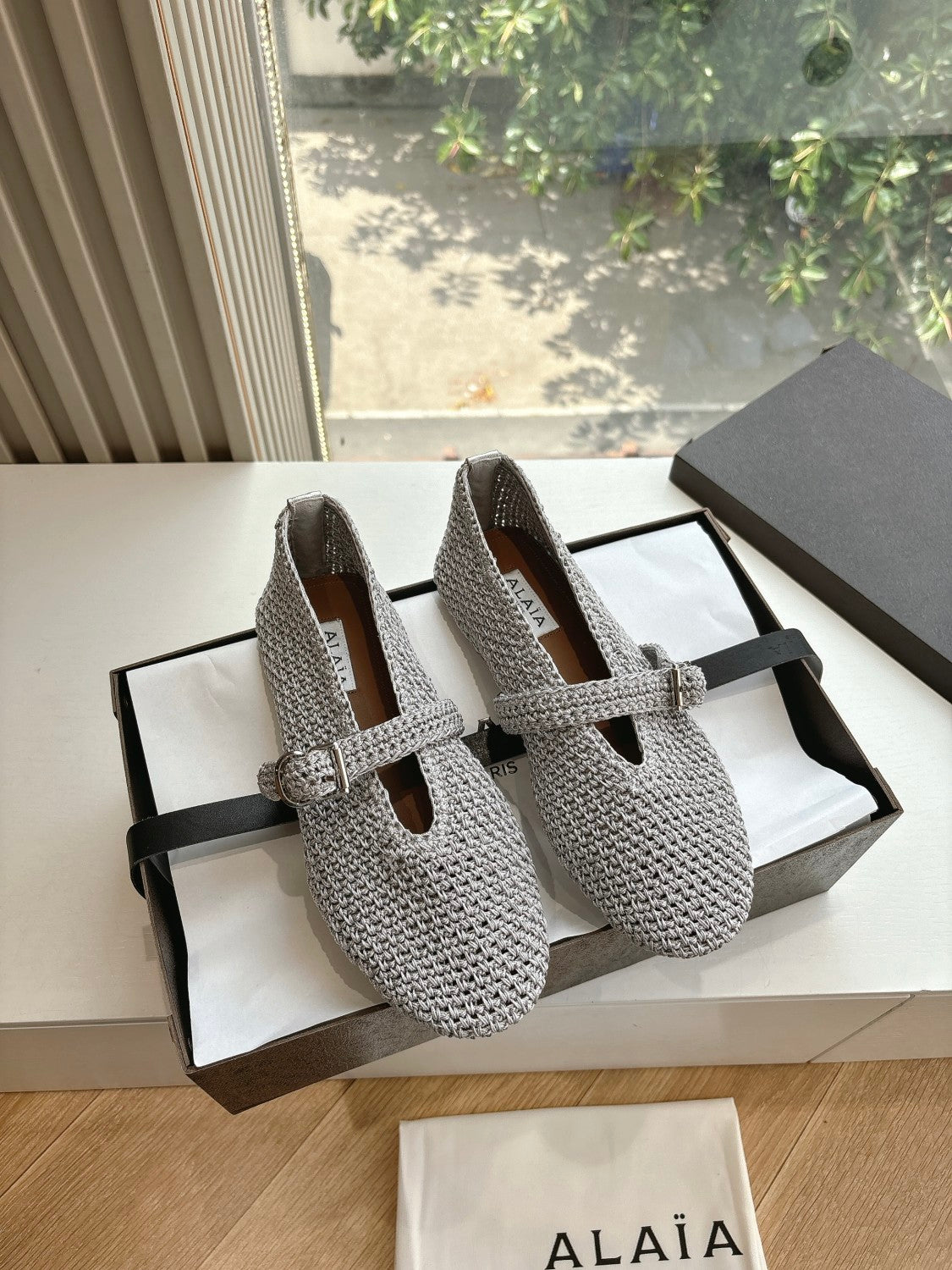 Alaia Ballet Flats In Knitted Lurex Women's Summer Solid Color Round Toe Fashion Modern Buckle Flats  Shoes Ngvp  #1635