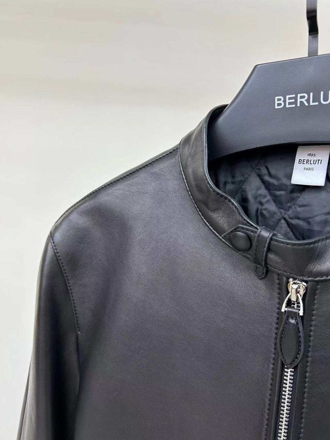 Berluti Men's Fall And Winter Collar Slim Biker Lambskin Leather Long Sleeve Jacket #98477