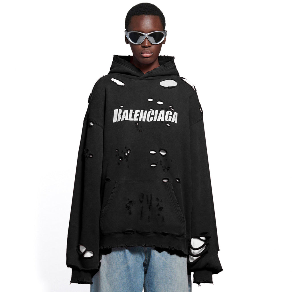 Balenciaga Men's Summer Black Letter Printed Torn Hooded Sweatshirt Pullover #97624