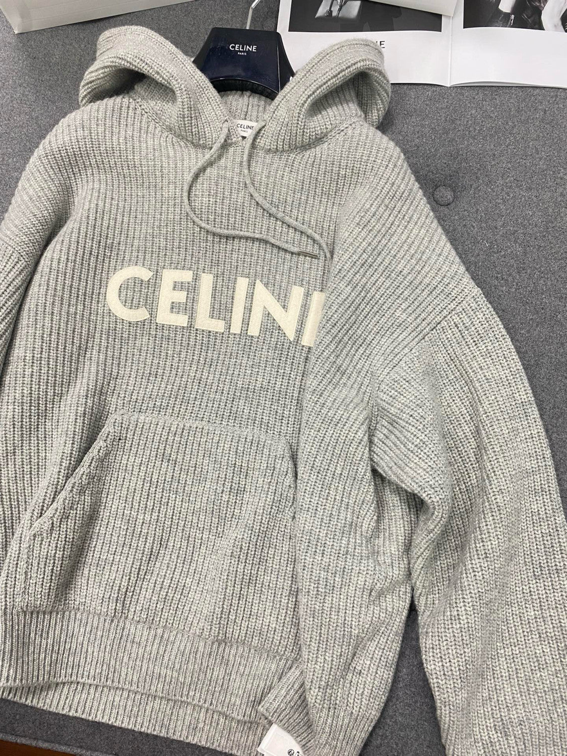 Celine Men's and Women's Autumn/Winter Grey Ribbed Wool Knit Hooded Sweatshirt Pullover #97672