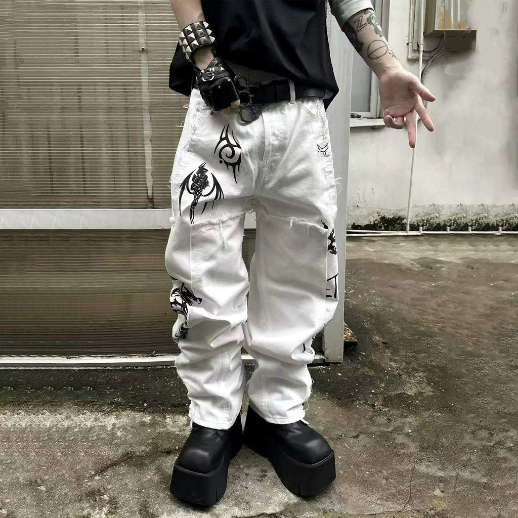 Vetements Men's High Street Vintage Show Co-branded Opium Deconstructed Splicing Tattoo Print White Denim Pants Fashion Trend Casual Pants Ngvp #2446