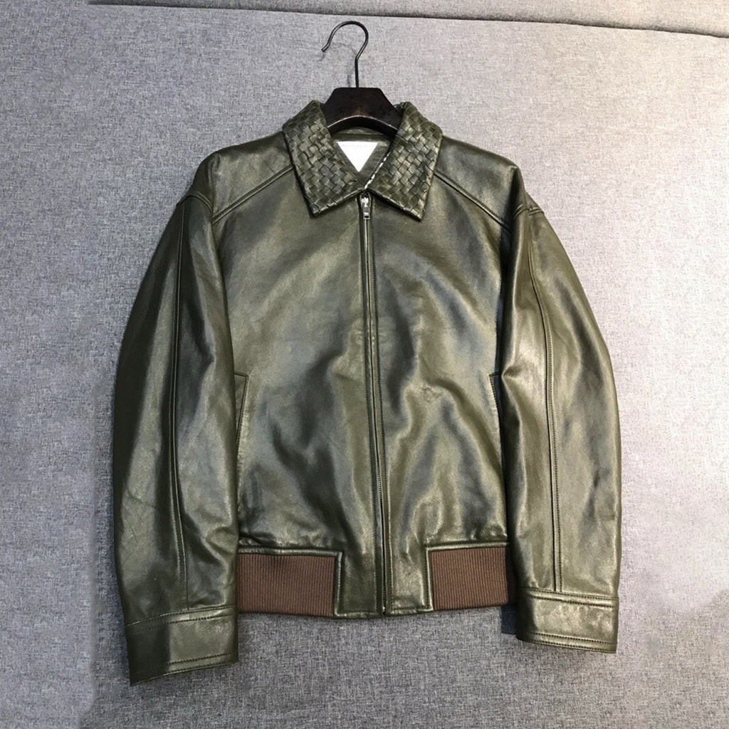 Bottega Veneta Men's Fall And Winter Woven Leather Collar Zipper Leather Jacket Business Casual Fashion Luxury Leather Jacket Coat Ngvp #2484