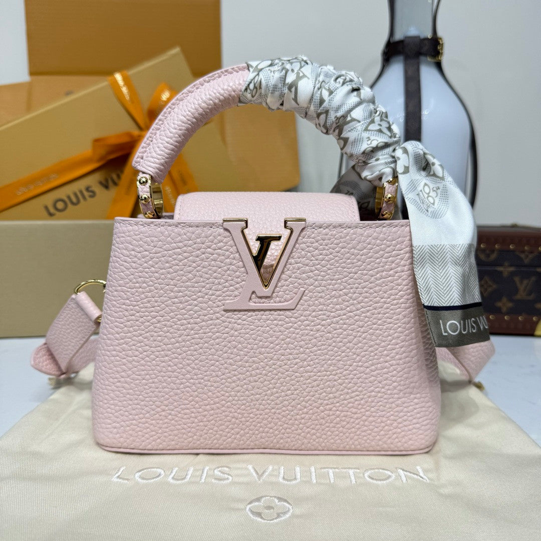 Louis Vuitton CAPUCINES MINI Handbag M24740 Cherry Blossom Pink Chip Monogram Floral Pattern Taurillon Leather Fashionable Modern Clutch Tote Crossbody Bag Bags #195564