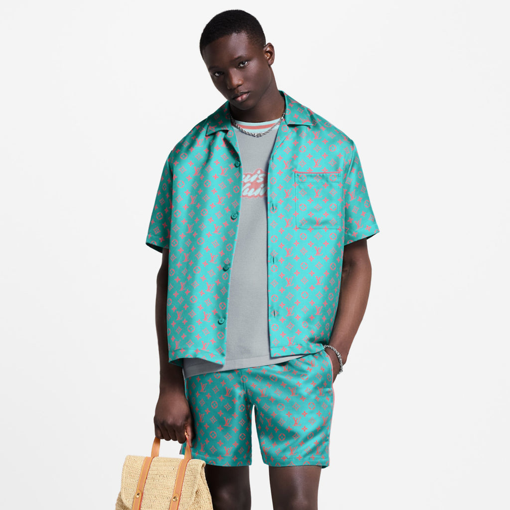 Louis Vuitton Men's Summer Solid Color Letter Print V-Neck Single Button Short Sleeve Shirt and Casual Drawstring Shorts Set Suit #77244