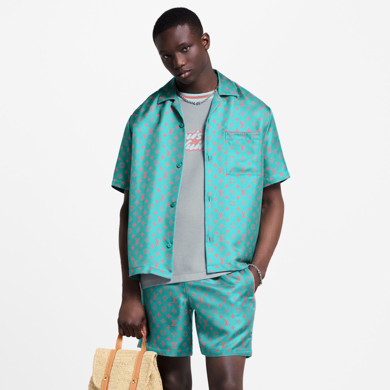 Louis Vuitton Men's Summer Solid Color Letter Print V-Neck Single Button Short Sleeve Shirt and Casual Drawstring Shorts Set Suit #77244