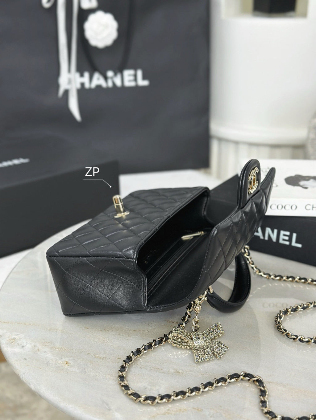 Chanel Mini Classic Handbag With Top Handle Lambskin Diamanté & Gold Metal Black #381896
