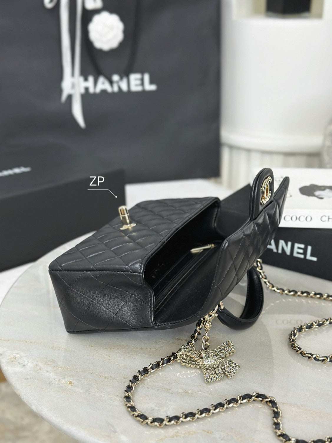 Chanel Mini Classic Handbag With Top Handle Lambskin Diamanté & Gold Metal Black #381896