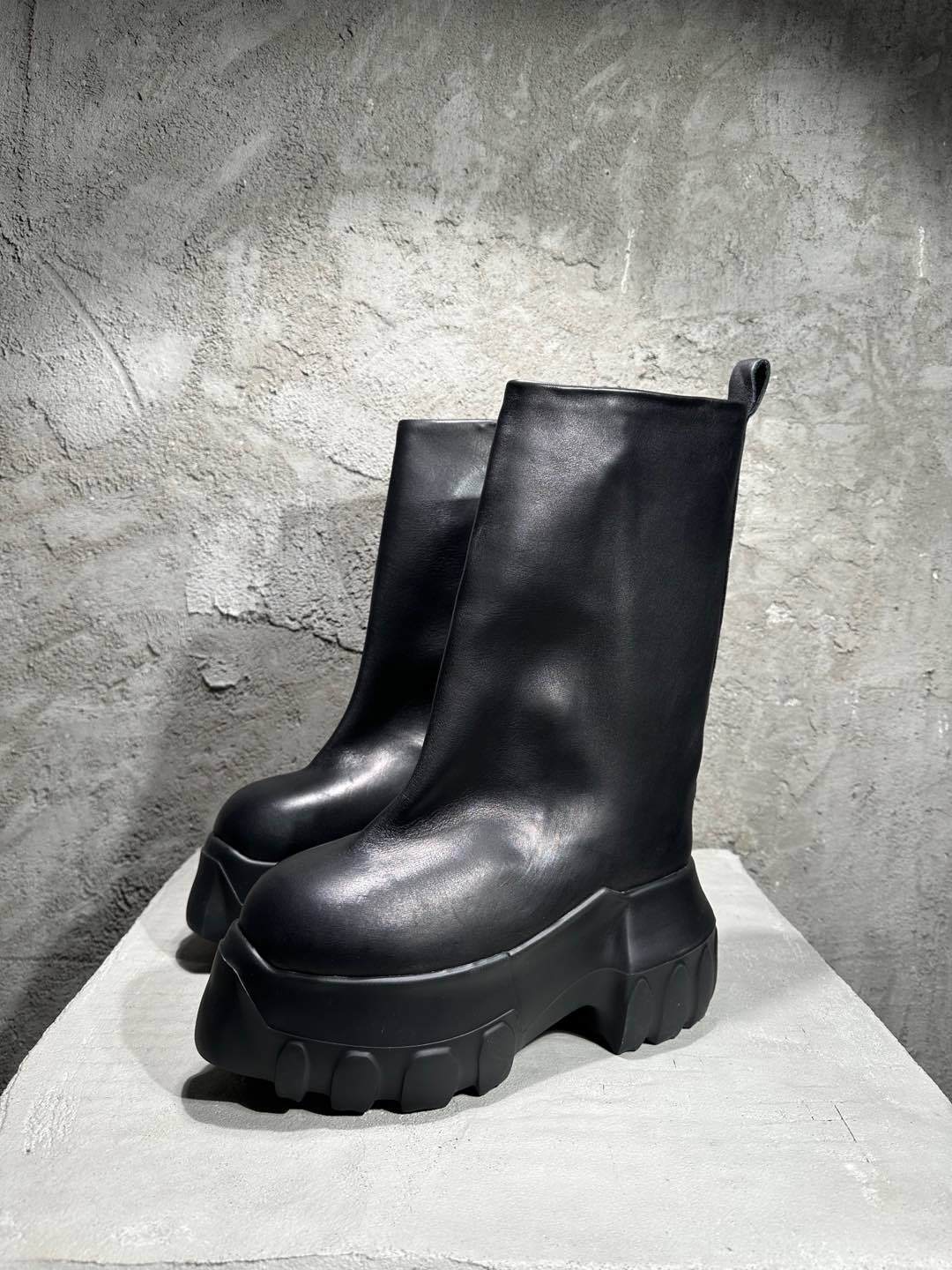 Rick Owens Men's And Women's Solid Color Thick Soled Round Toe Cowhide High Top Boots Shoes #77262
