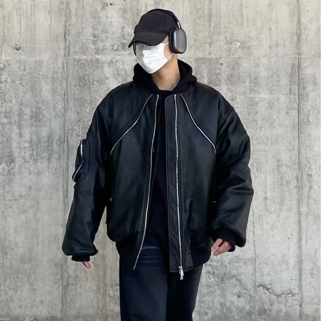 Far archive Autumn And Winter Black Men's Leather Jacket Zipper Fashion High Street Trend Zipper Pocket Jacket #81393