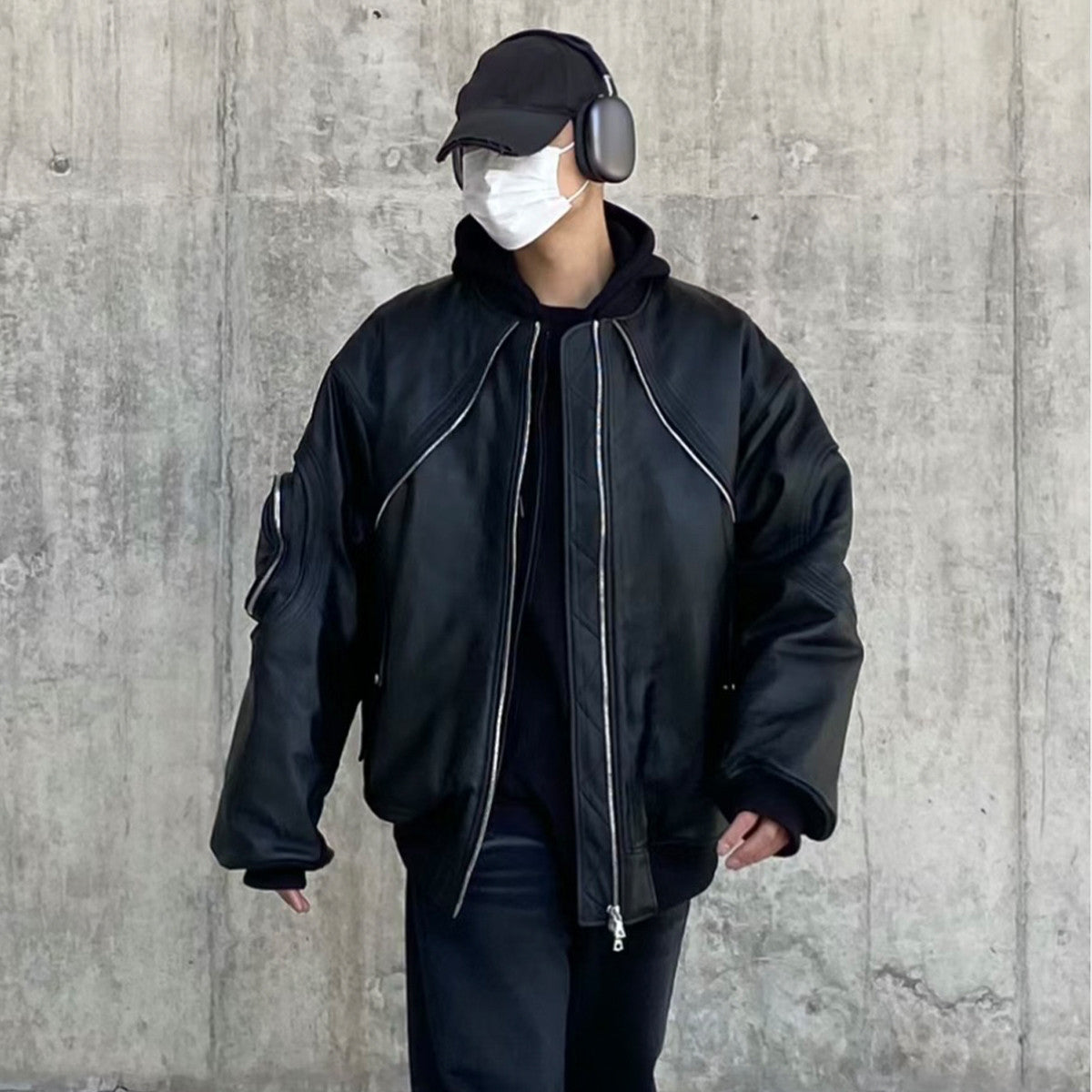 Far archive Autumn And Winter Black Men's Leather Jacket Zipper Fashion High Street Trend Zipper Pocket Jacket #81393