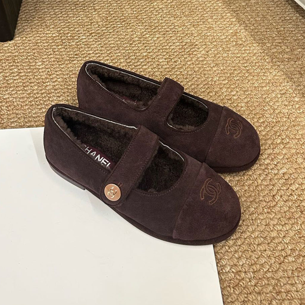 Chanel Women's Autumn/Winter Mary Jane Shoes Solid Color Leather Lamb Wool Single Shoes Round Head Buckle Flat Heel Casual Shoes #81733