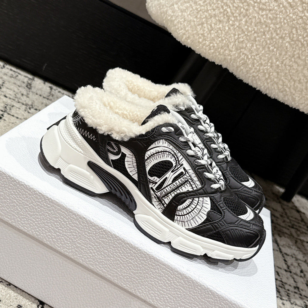 Dior Alps Dior Chrono Women's Fall/winter Casual Round Toe Lace Up Slip On Flat Low Top Heel Exposed Fleece Lined Moccasin Sneakers Shoes #79453