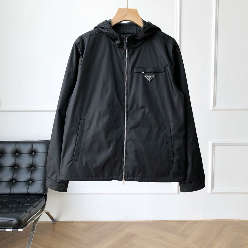 Prada Men's Fall And Winter Recycled Nylon Short Jacket Black Hooded Zipper Jacket Logo Pockets Fashion Trend Casual Jacket #81397