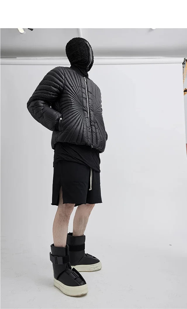 Rick Owens X Moncler Men's And Women's Black Saison Peter Feather Jacket Fall And Winter Rays Striped Senior Zipper Round Neck Jacket Ngvp #2499