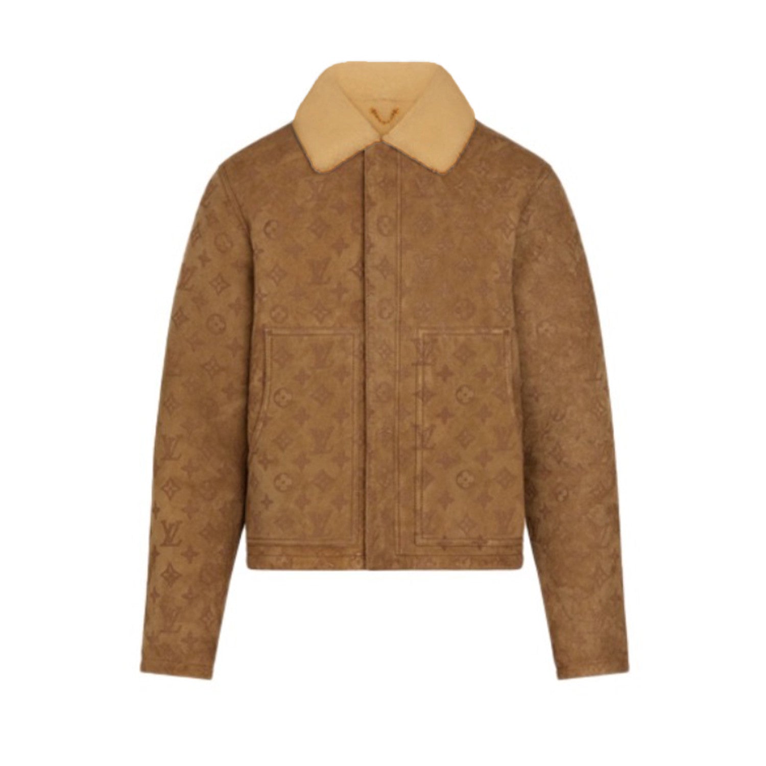 Louis Vuitton Monogram Embossed Sheepskin Lapel Single Breasted Long Sleeve Leather Jacket Zipper Fashion Vintage Hair Collar Jacket Coat #71612