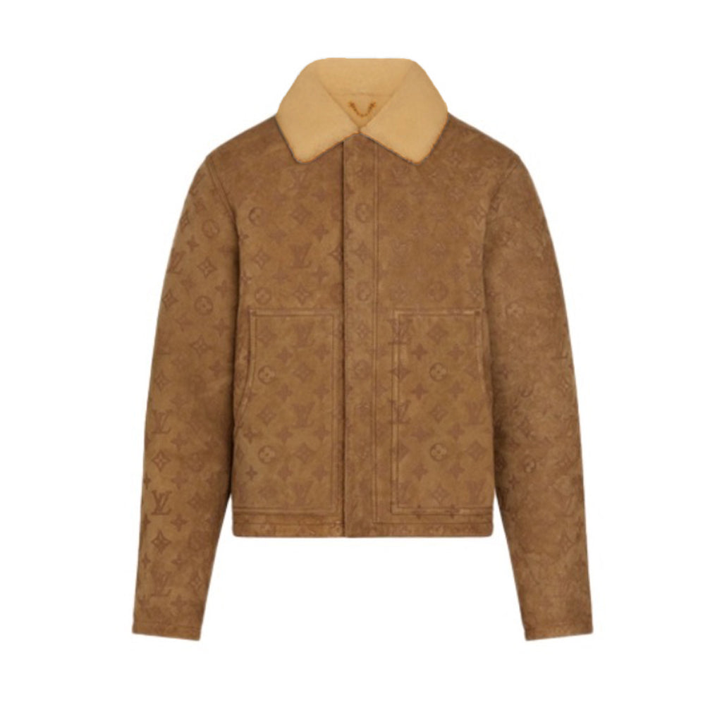 Louis Vuitton Monogram Embossed Sheepskin Lapel Single Breasted Long Sleeve Leather Jacket Zipper Fashion Vintage Hair Collar Jacket Coat #71612